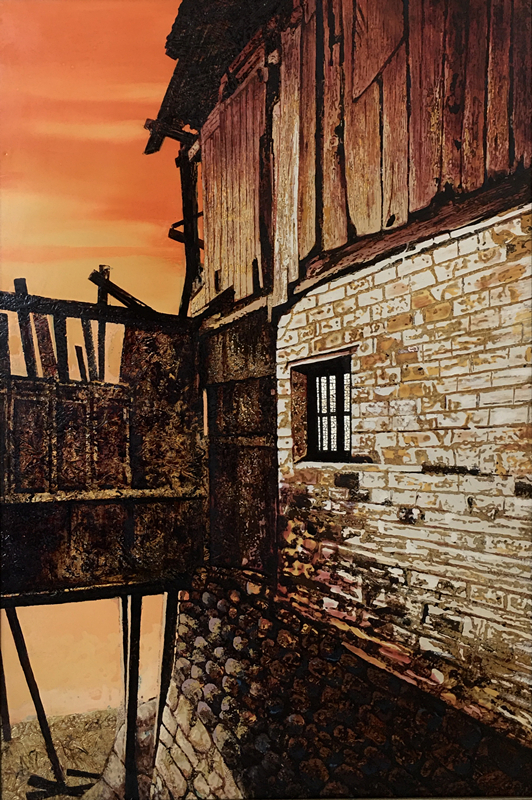 11、《古村记忆之章渡古镇的霞光》、漆画，尺寸：40X60CM_副本.jpg