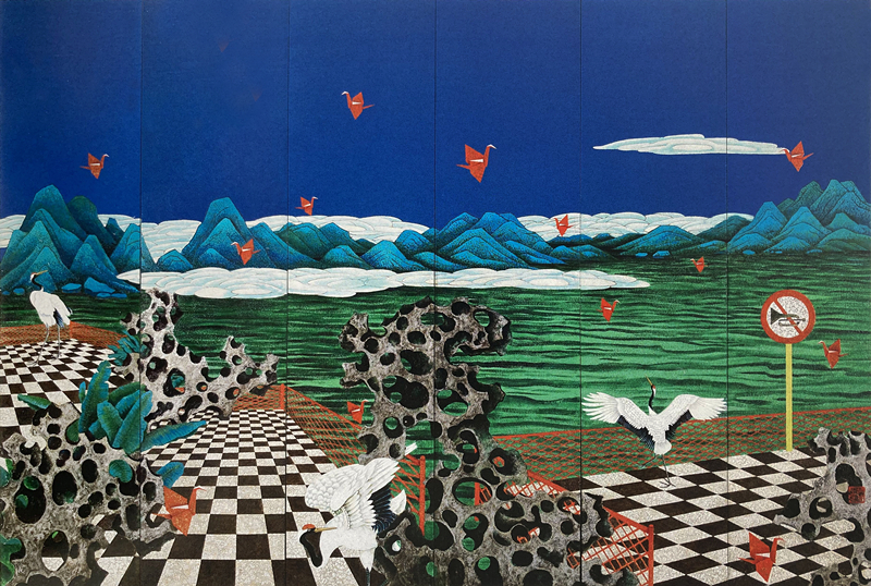 5、漆画《新瑞鹤图NO.3》、入选首届全国漆画屏风作品展、尺寸50X200X6条屏，材质：大漆、金箔、综合材料，2020年_副本.jpg