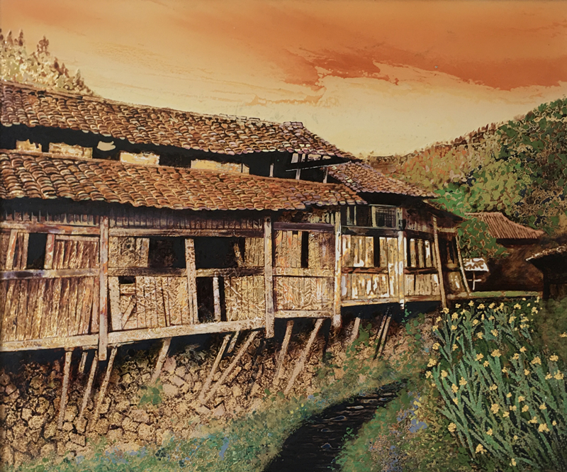 8、《古村记忆之兹圭村的吊脚楼》、漆画、尺寸：50X60CM_副本.jpg