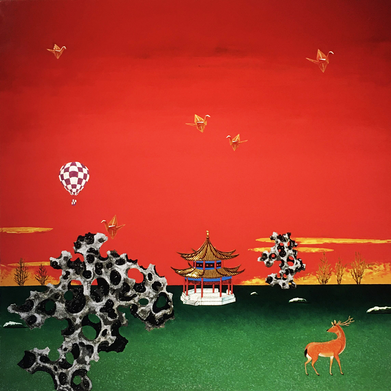 6、《鹿鹤同春》尺寸80X80CM，漆画、入选第二届全国小幅漆画作品展，材质：大漆、金箔、综合材料，2021年_副本.jpg